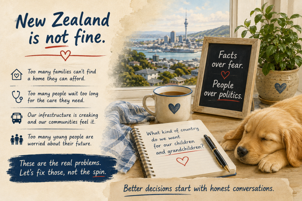 A quiet New Zealand landscape with the words “New Zealand is not fine. But neither is it beyond fixing,” reflecting on the country’s problems and possibilities.