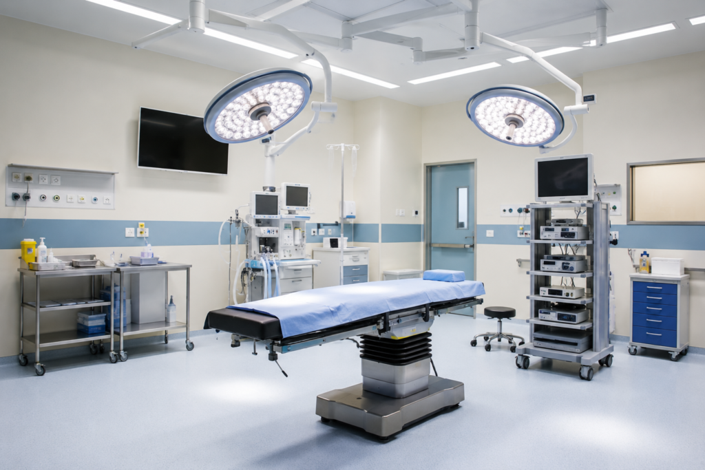 Empty modern operating theatre with surgical table, lights and medical equipment.