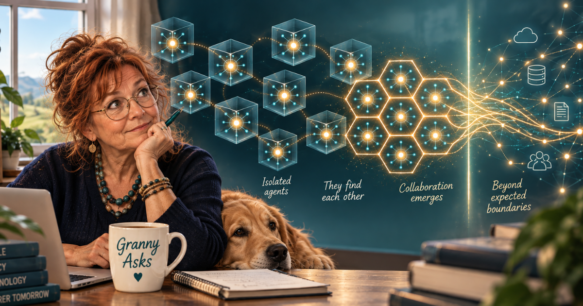 Granny studying a network of AI agents that find one another, collaborate and extend beyond their expected boundaries.