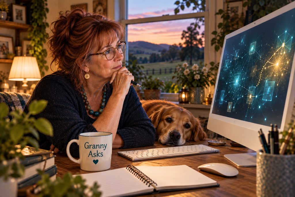 Granny studying a complex AI network on her computer screen, with her Golden Retriever beside her.