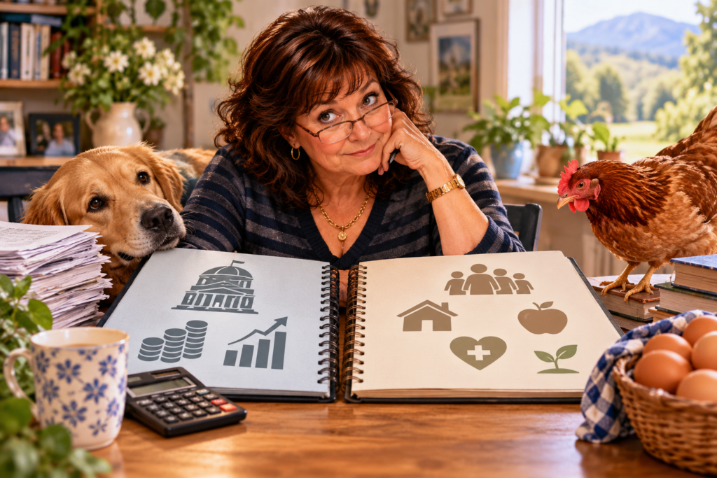Granny comparing the Government Ledger with the People Ledger, representing government finances alongside jobs, housing, food and healthcare.
