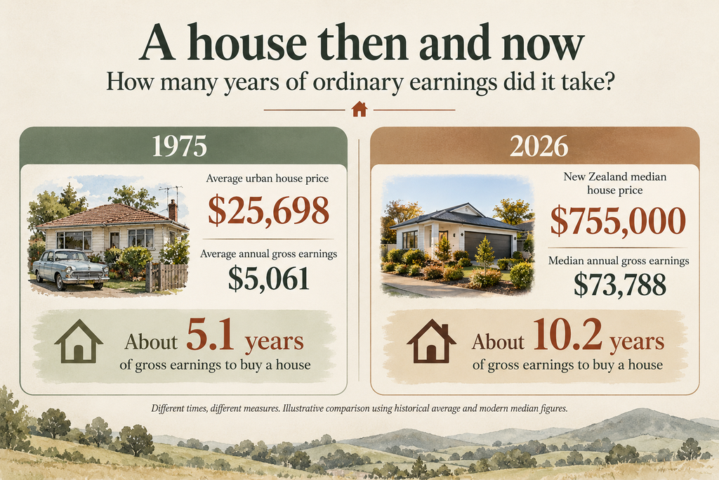 Comparison of New Zealand house prices and annual earnings: in 1975, a $25,698 house was about 5.1 times annual earnings of $5,061; in 2026, a $755,000 house was about 10.2 times annual earnings of $73,788.